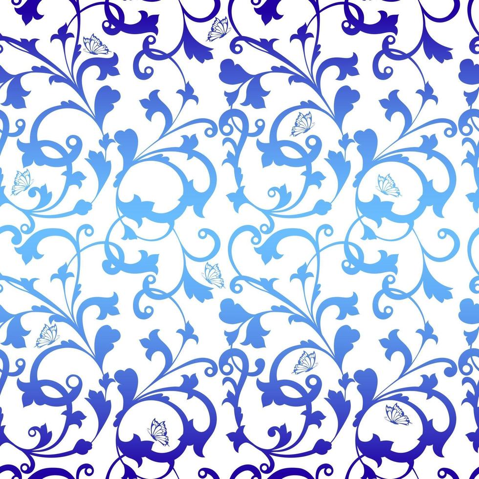 Seamless vector floral texture pattern with butterflys on gradient background. White pattern can used for wallpaper, pattern, web page background, surface textures.