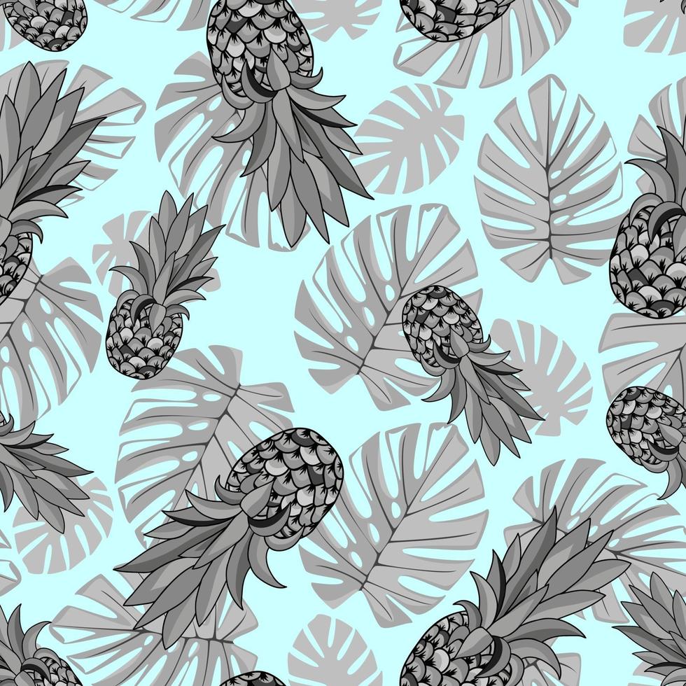 Seamless exotic pattern with pineapple palm leaves on turquoise background. Tropical monstera leaves illustration. Fashion design. Print fabric textile, wallpaper, wrapping paper. vector