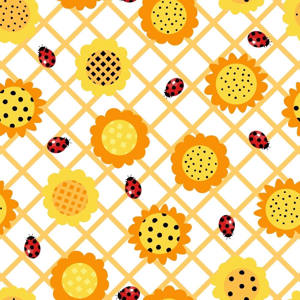 Vector seamless pattern with cartoon ladybug and sunflowers on white background. Illustration for children used for fabric, card and web.