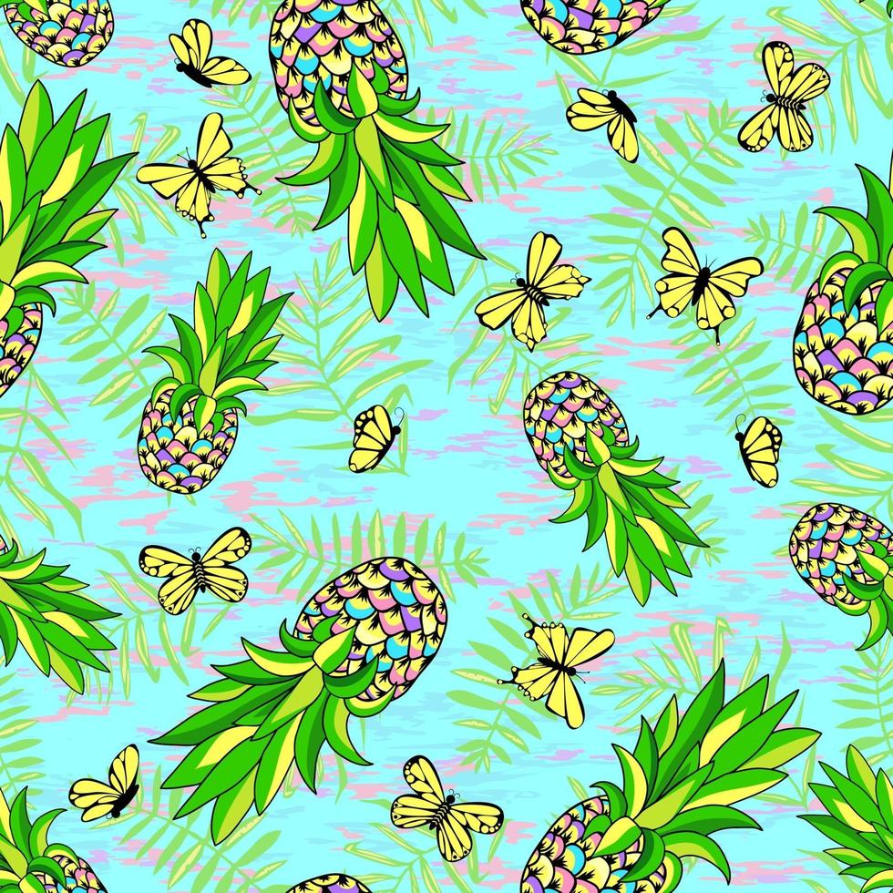 Fondo transparente floral de verano tropical con piñas y mariposas. imprimir para fabrik, papel y web. vector