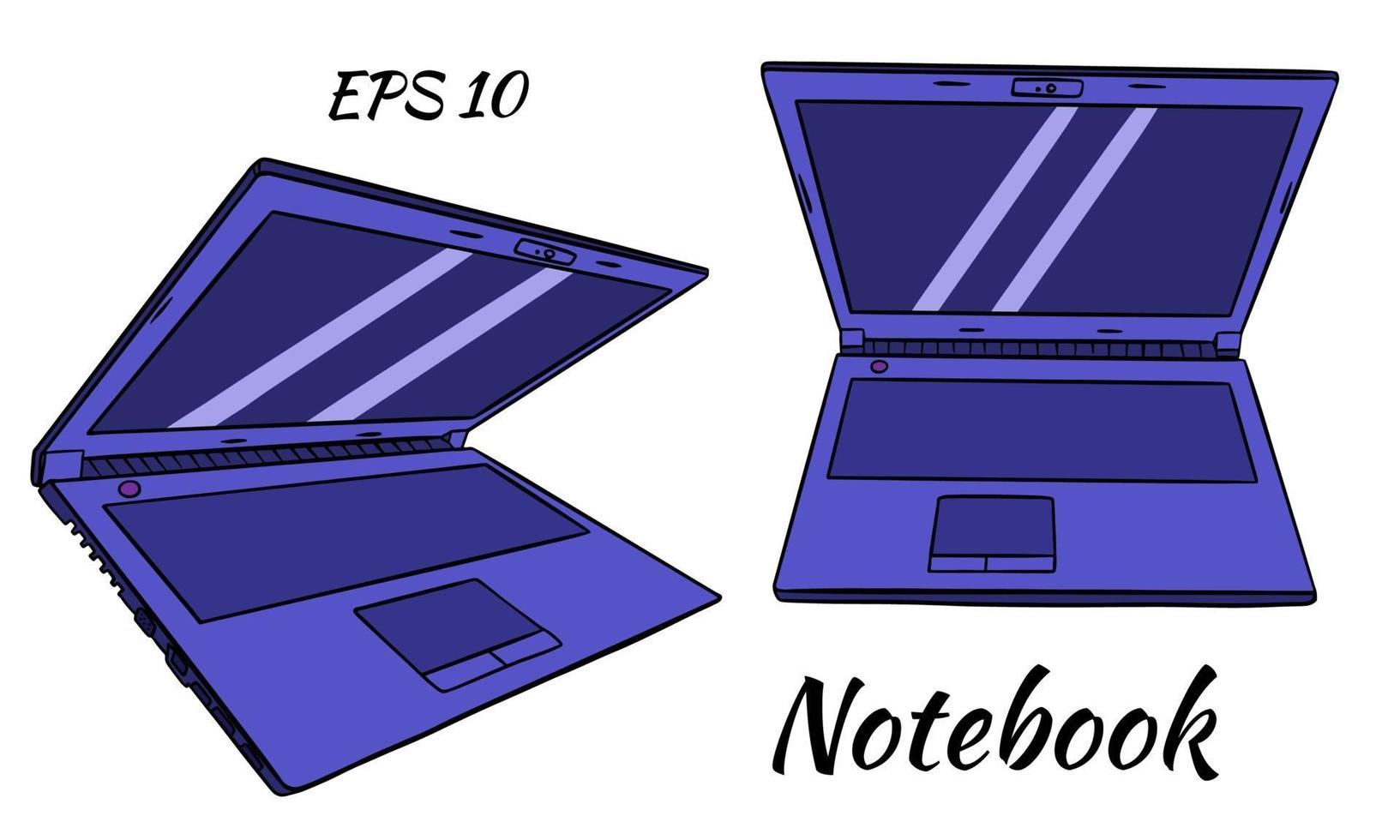 Portable computer. Laptop in cartoon style. Set. Vector illustration isolated.