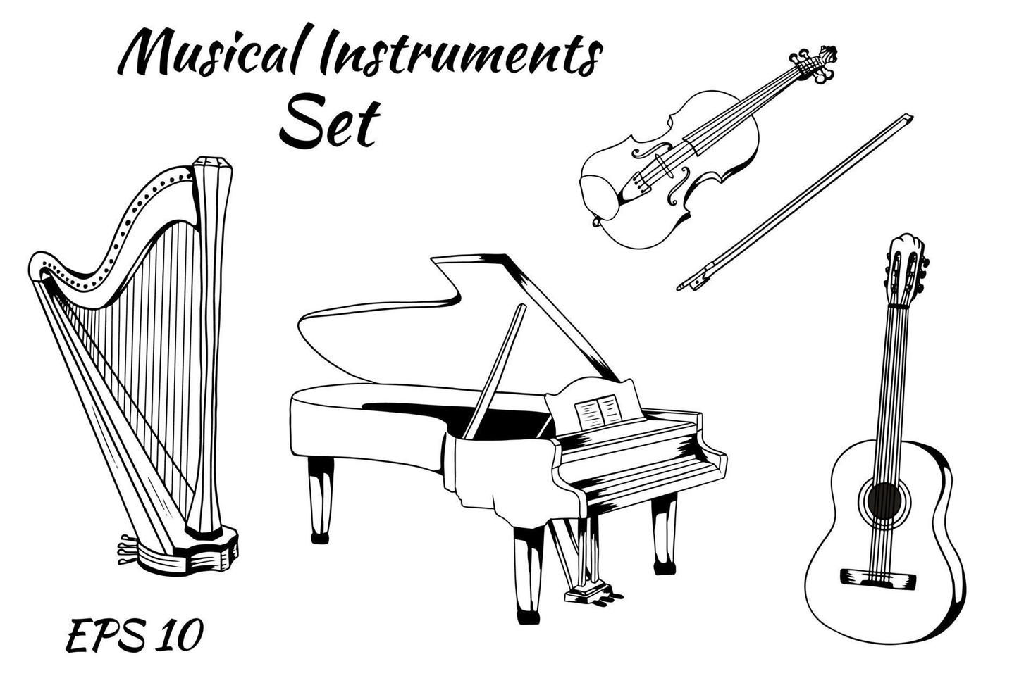 vector conjunto de instrumentos musicales. Conjunto de instrumentos de cuerda, piano, arpa, violín, guitarra, pegatinas vectoriales.