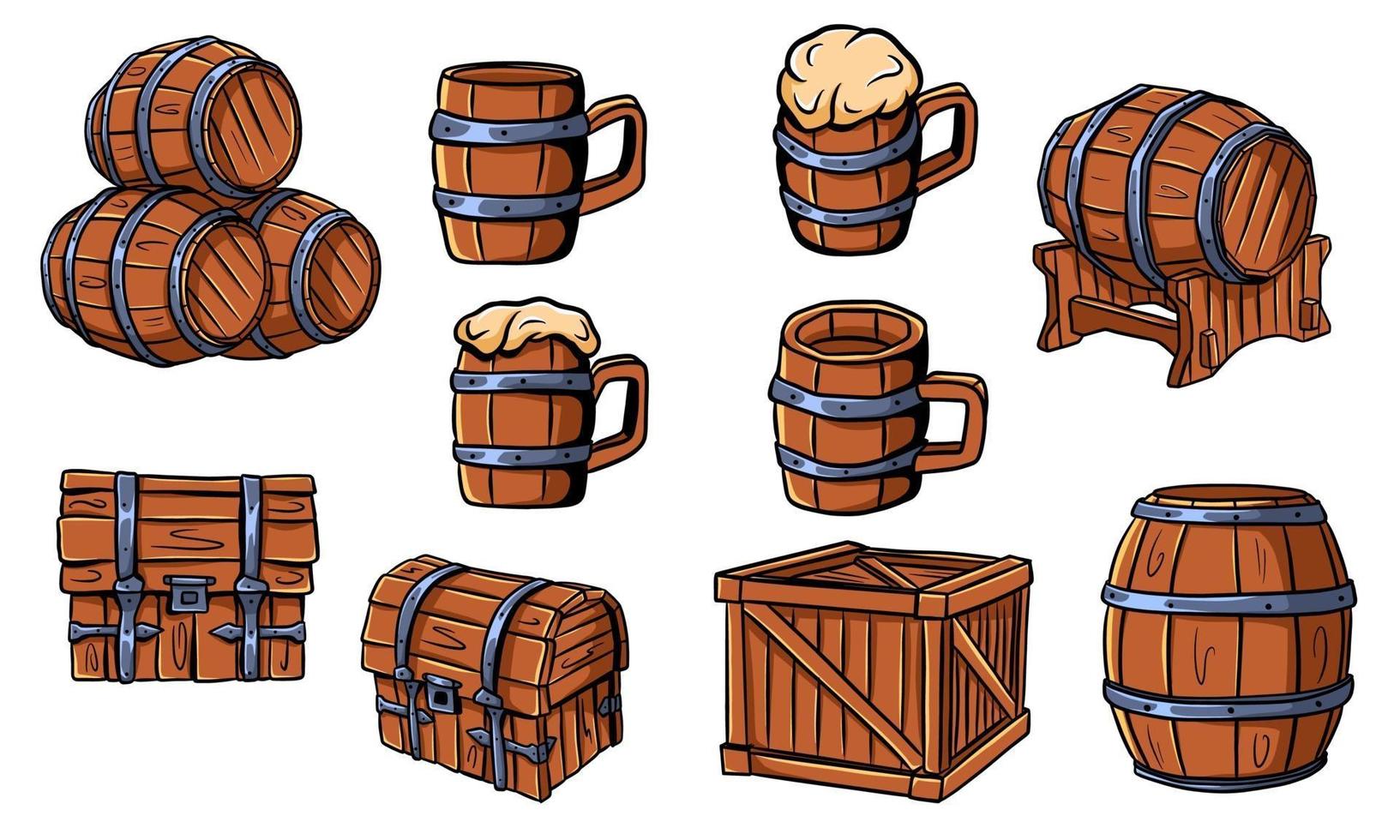 Wooden barrels, chests, beer or ale mugs. Wooden crafts. Box. Barrels for wine. Vector illustration isolated.