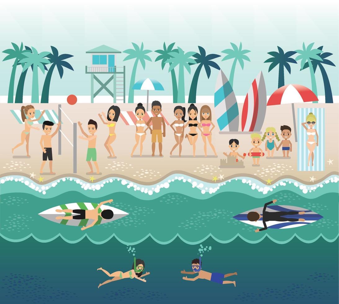 en la playa, junto al mar y artículos de playa, diseño vectorial vector