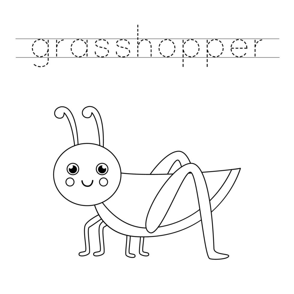 Tracing letters with cute grasshopper. Writing practice for kids. vector