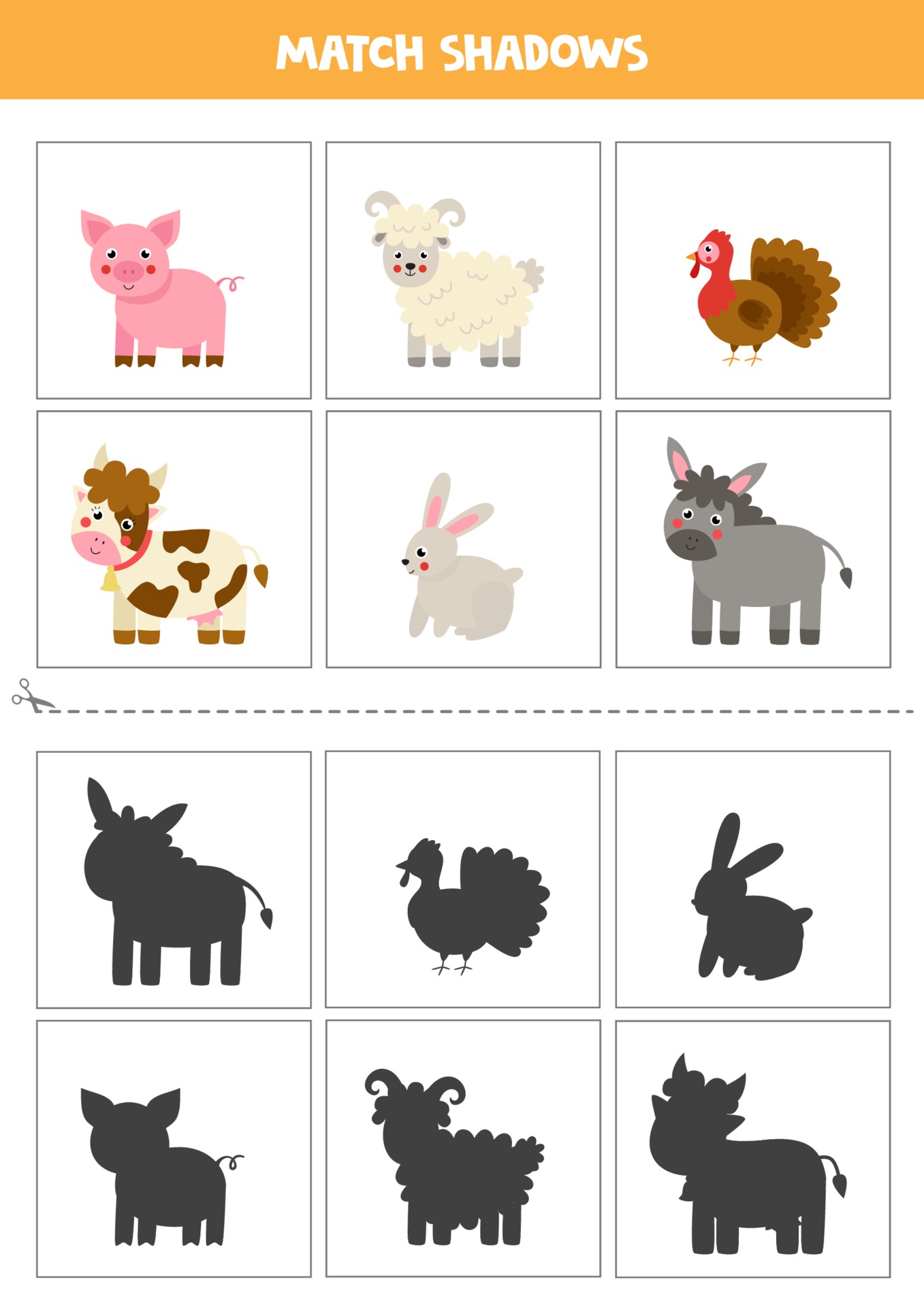 encuentra sombras de lindos animales de granja. tarjetas para niños