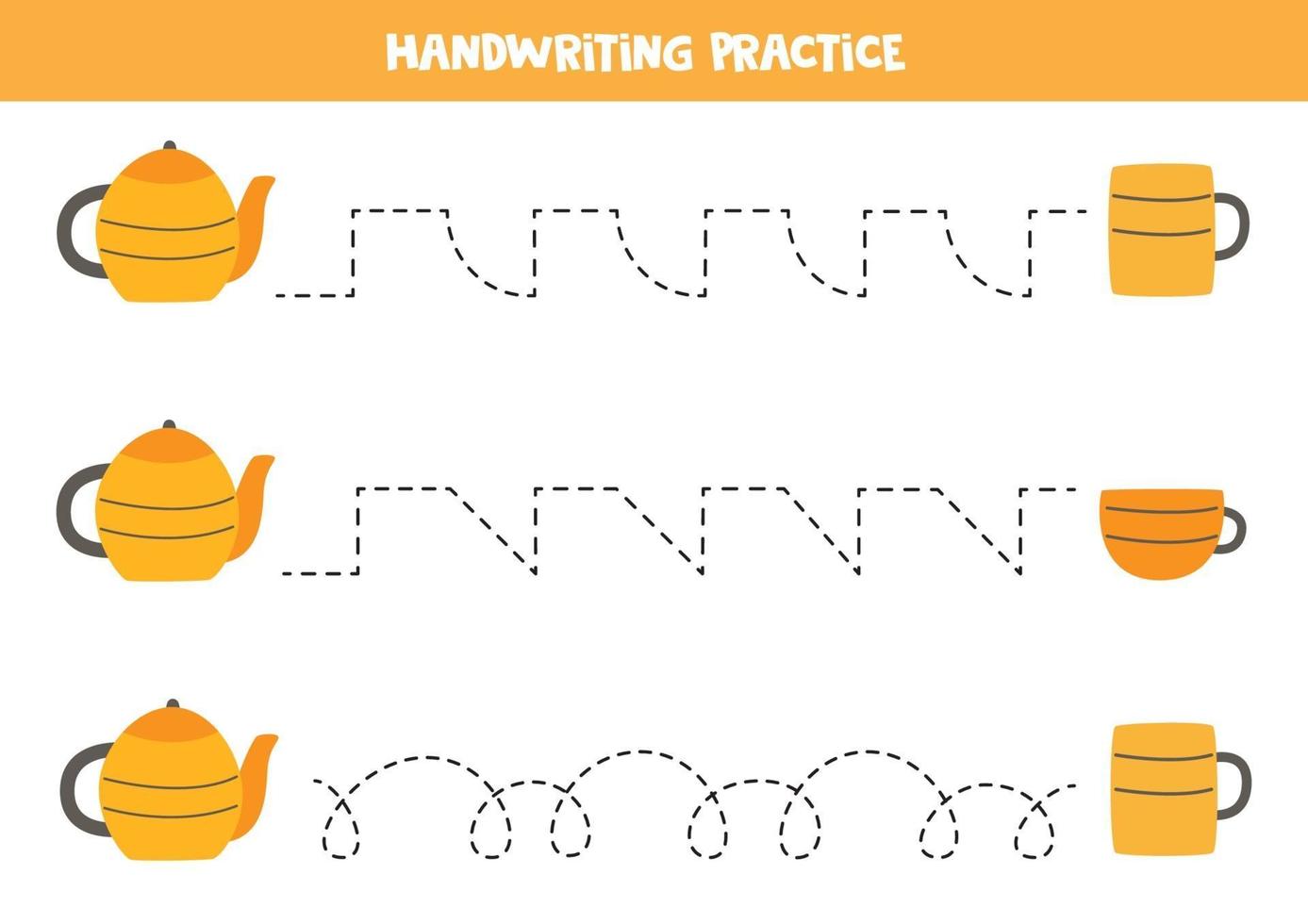 Tracing lines with teacups and teapot. Writing practice. vector