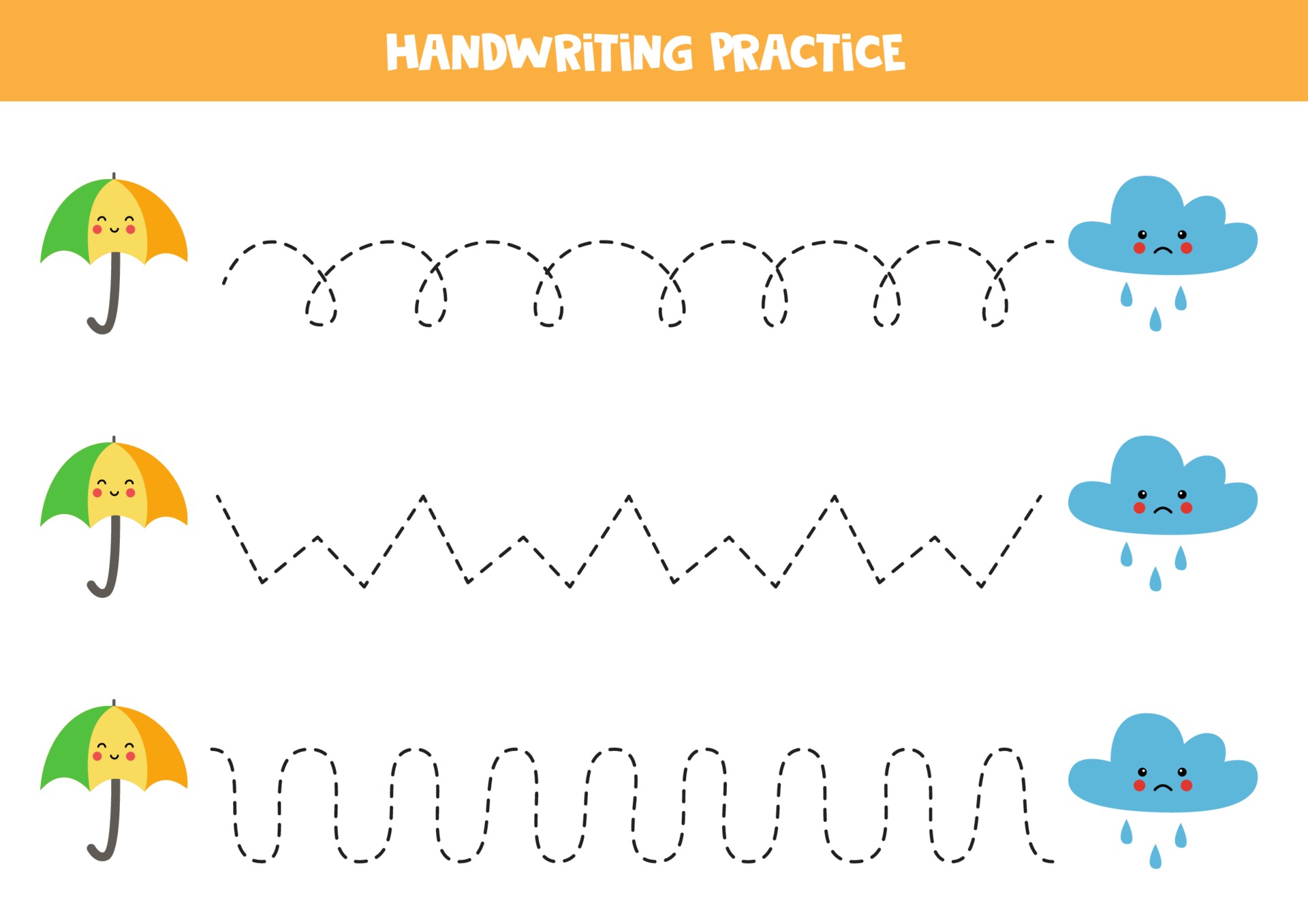 Tracing lines with umbrella and rainy cloud. Writing practice. 2309549