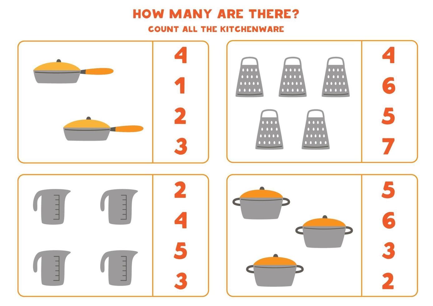 Counting game with kitchen utensils. Math worksheet. vector