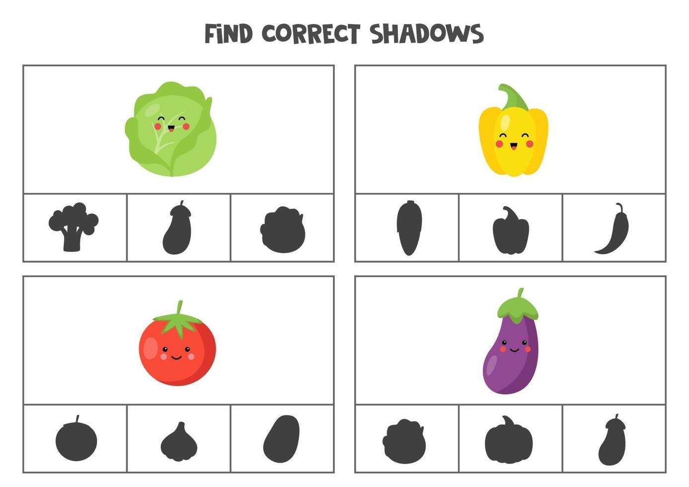 Find correct shadow of cute vegetables. Printable clip card games for children. vector