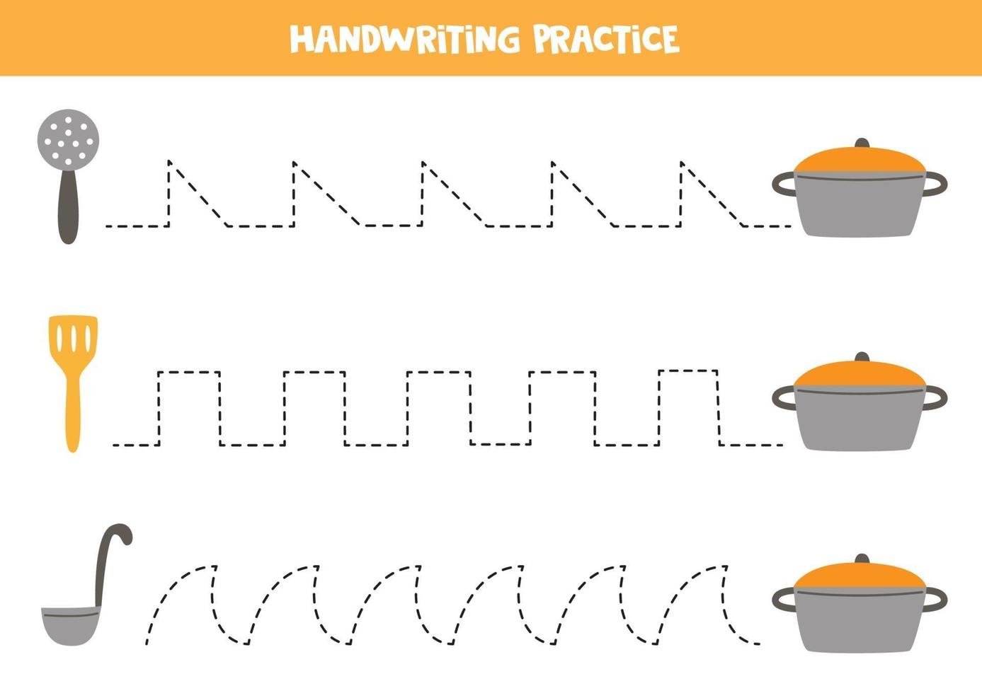 Tracing lines with kitchen utensils. Writing practice. vector