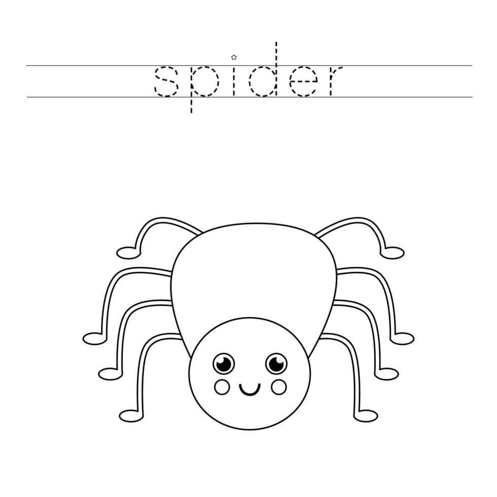 Tracing letters with cute spider. Writing practice for kids. vector