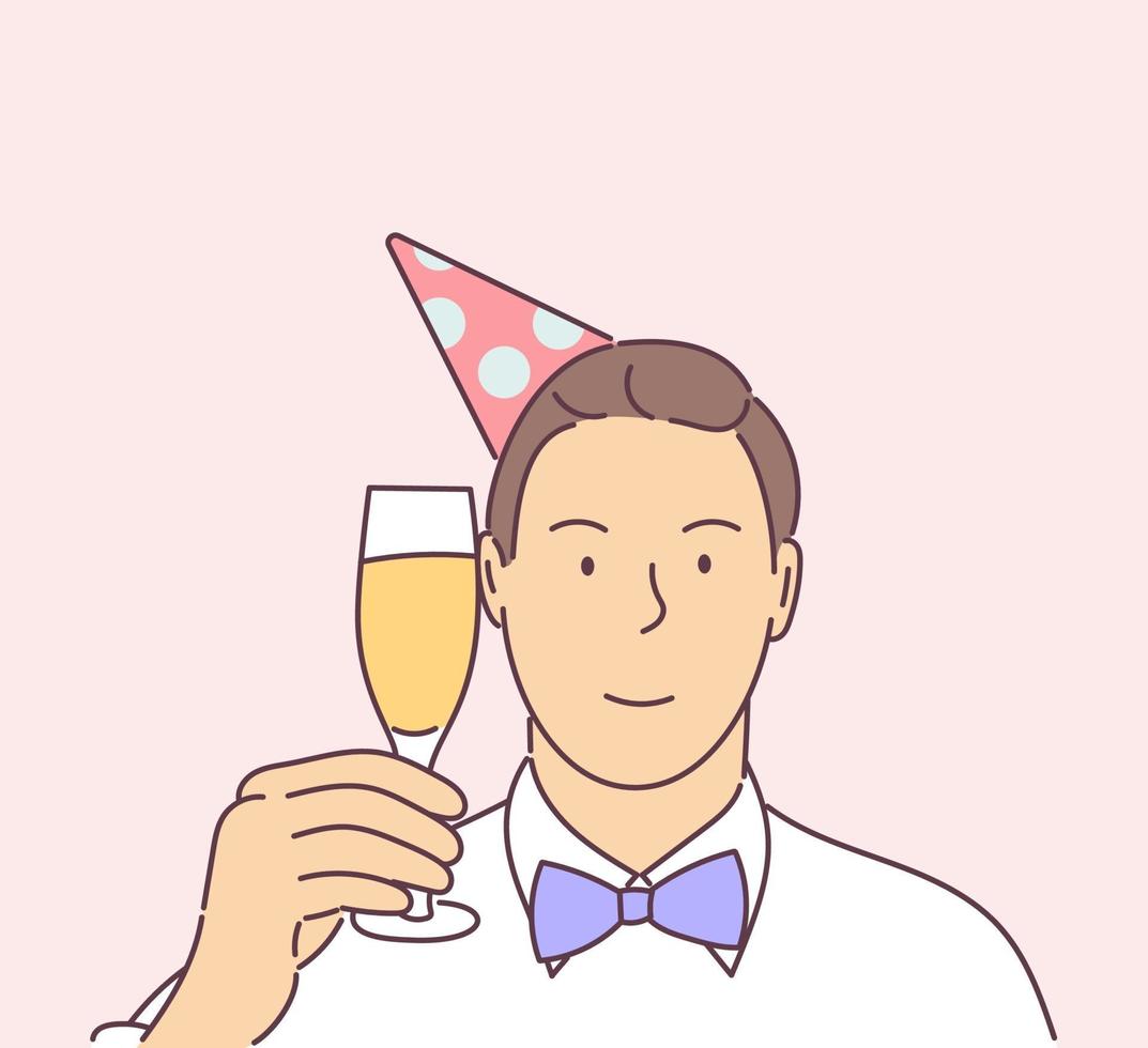 celebración de año nuevo, concepto de estado de ánimo festivo. Feliz Nochevieja sonriente celebrando al hombre con sombrero y copa de champán en la fiesta. vector