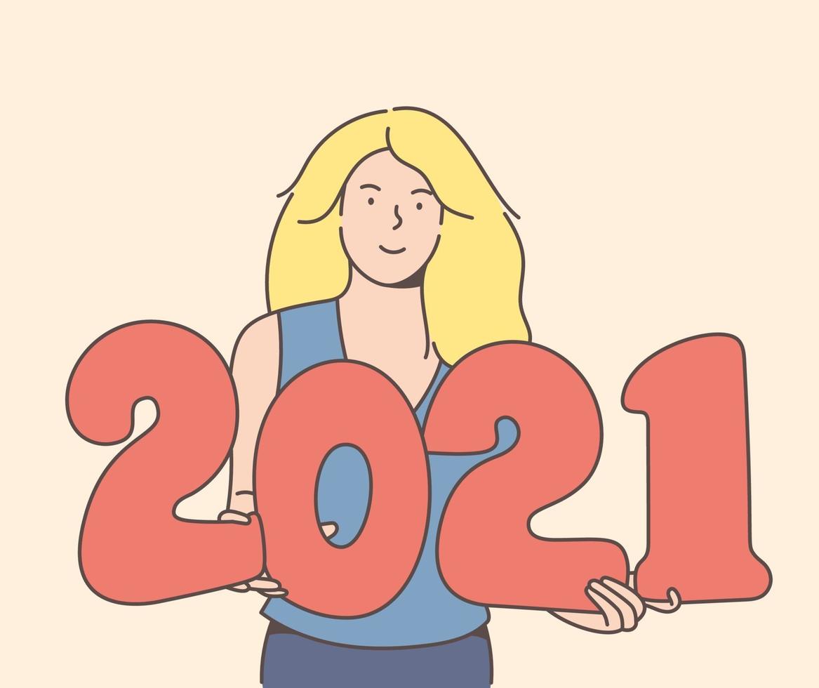 Smiley blonde woman holding 2021 balloons vector