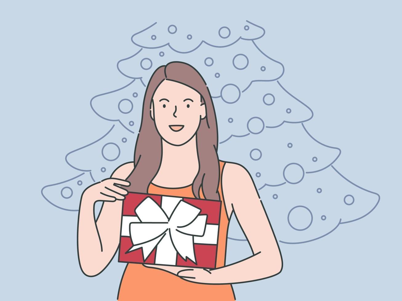 vacaciones, regalos, concepto de celebración. joven feliz alegre sonriente mujer emocionada chica sosteniendo llevar presente. Ilustración de sorteo de regalos de Navidad o cumpleaños de año nuevo. vector