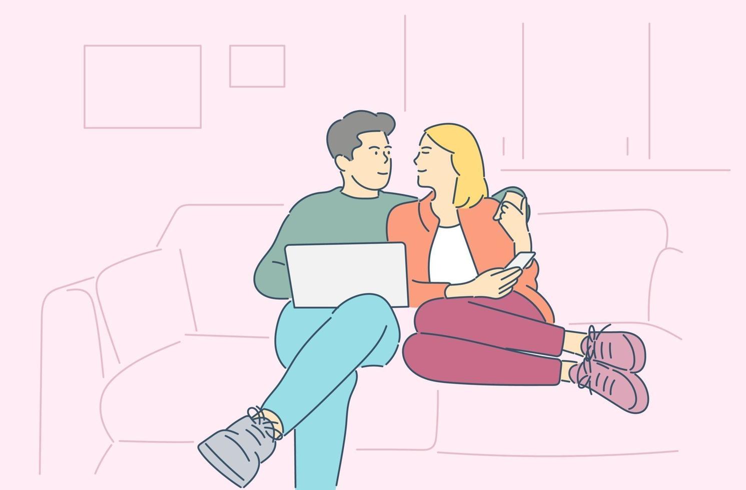 Happy family relaxing on couch vector flat illustration. Smiling man and woman spending time together.