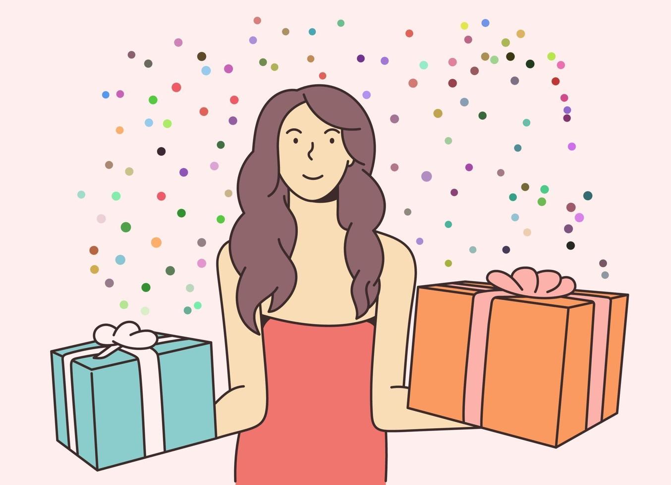 Holiday, gift, celebration concept. Young happy cheerful smiling excited woman girl celebrating new year and holding presents. New year christmas or birthday gifts giveaway illustration. vector