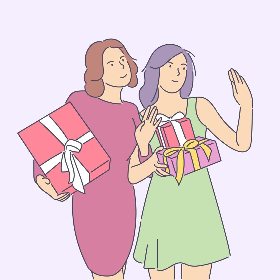 New Year celebration, festive mood concept. Young happy cheerful smiling excited womans holding carrying presents. New year christmas or birthday gifts giveaway illustration. vector