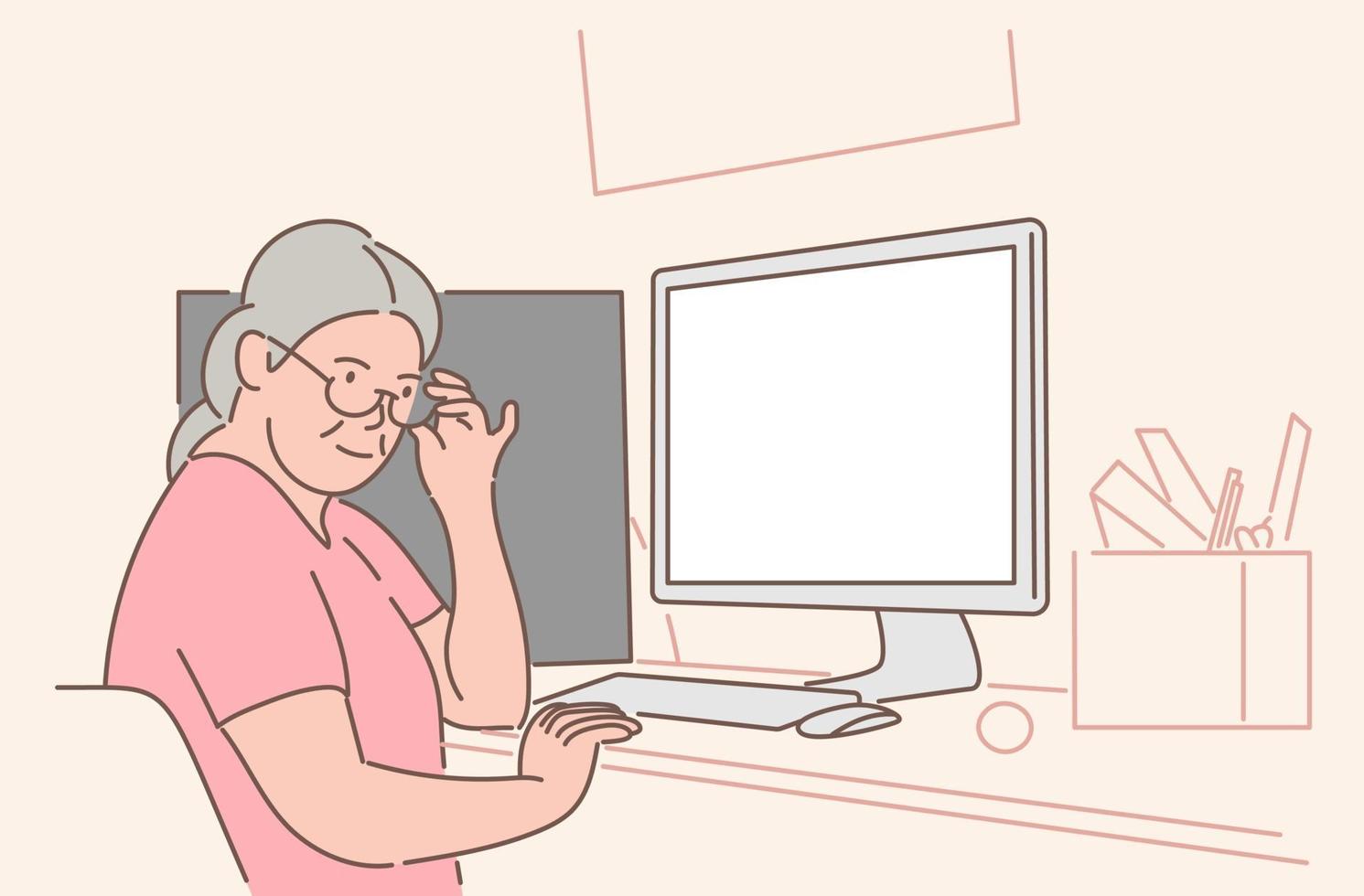 comunicación, concepto de videoconferencia. anciana abuela pensionista personaje de dibujos animados sentado en una silla y hablando con su hija en línea. conversación remota en casa ilustración. vector