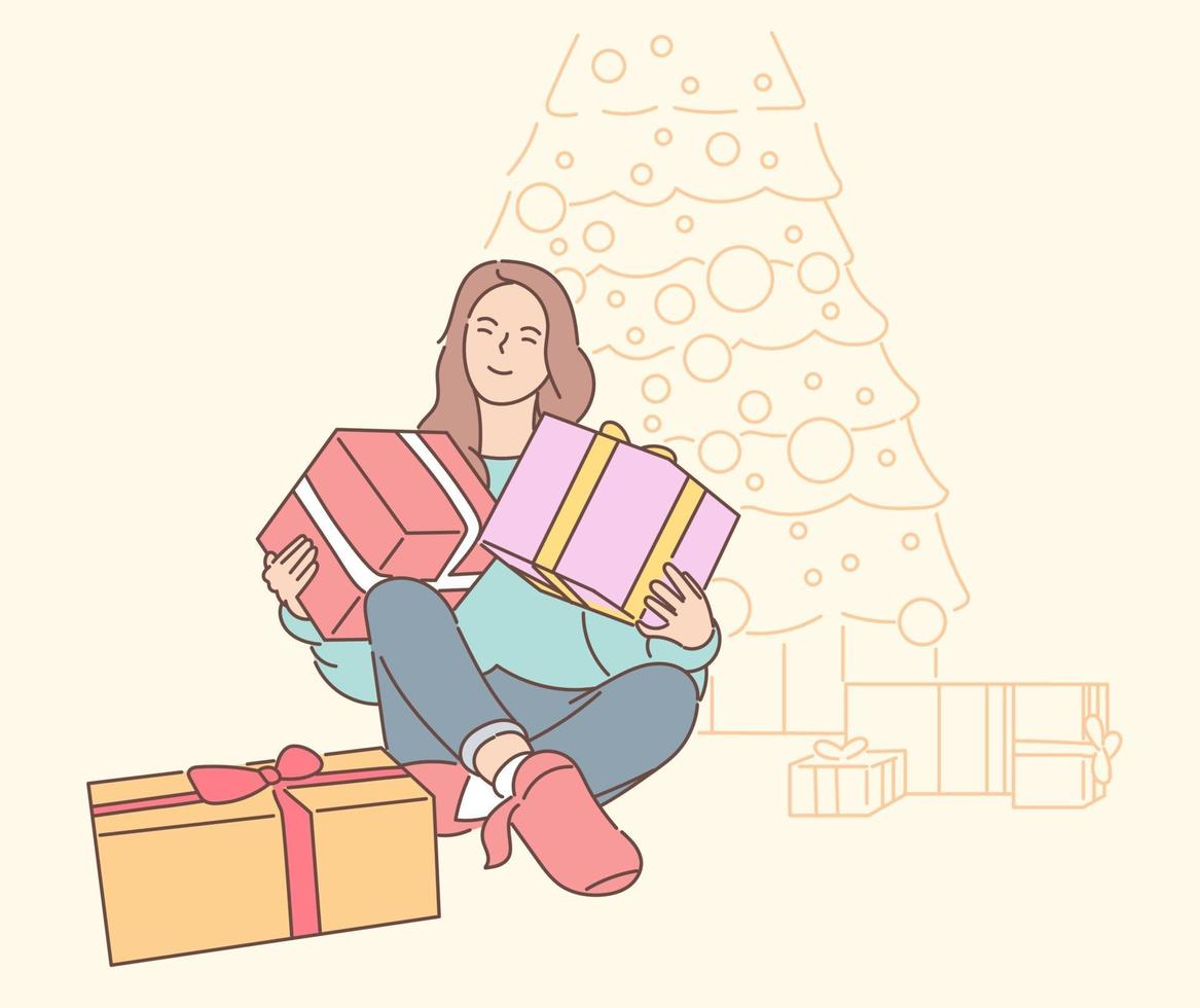 joven mujer sonriente feliz personaje de dibujos animados sosteniendo llevando muchos regalos. Ilustración de sorteo de regalos de Navidad o cumpleaños de año nuevo. vector