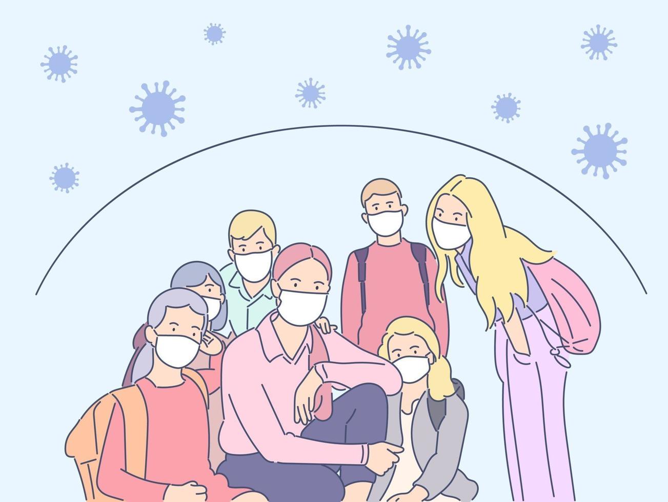 Coronavirus, protection, biohazard concept. A young teacher and her masked schoolchildren protect themselves from the virus. Preventive measures from Covid19 desease and 2019ncov biohazard. vector