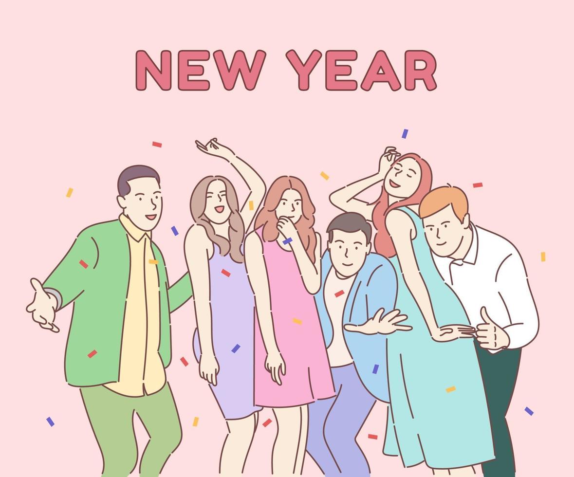 New Year corporate party concept. Happy colleagues, friends celebrating winter holiday, positive business team with champagne, merry Christmas, traditional december event. vector