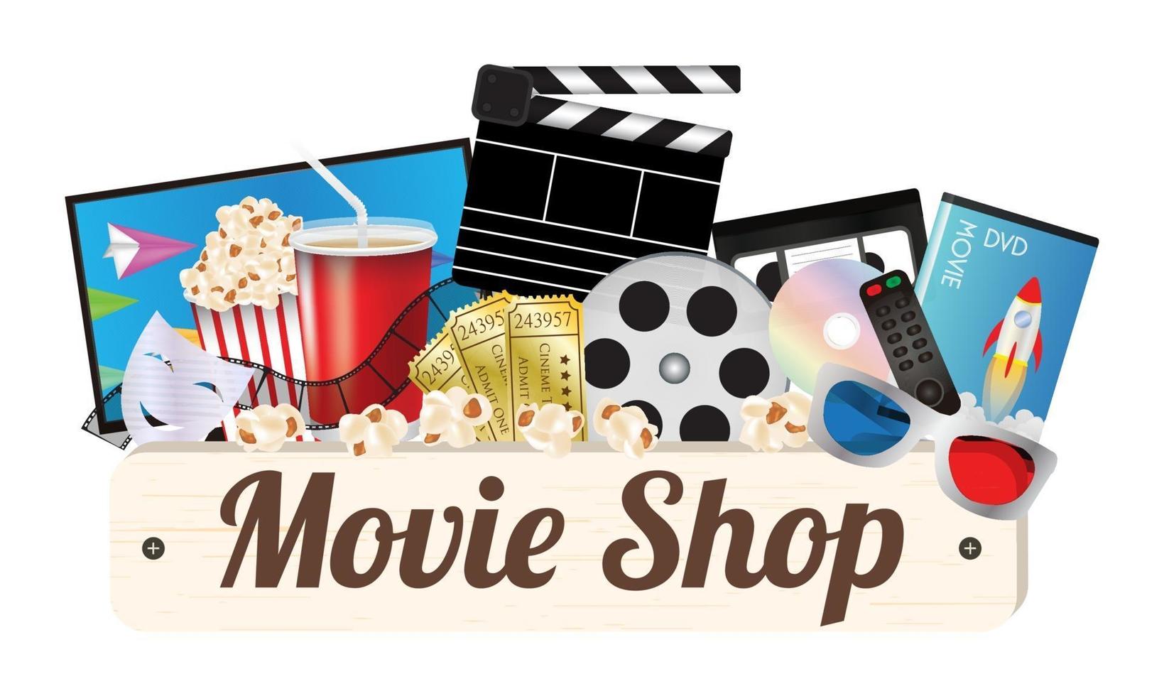 Movie shop wood board with pop corn, film, cd disc, dvd, movie box, smart television, remote, ticket, emotion mask and 3d glasses vector