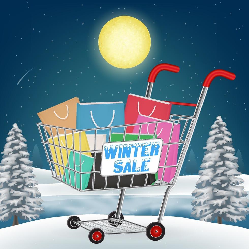 winter sale shopping paper bag on cart vector