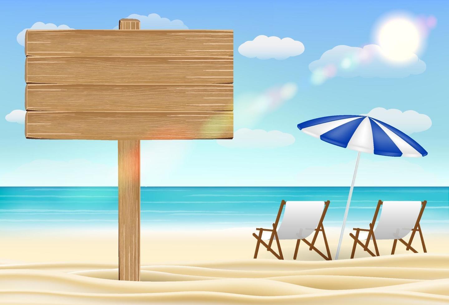 Signo de tablero de madera en la playa de arena de mar con silla de relax vector