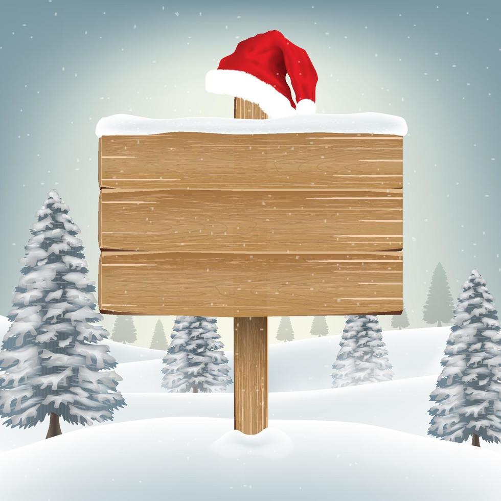 Sombrero de Papá Noel en tablero de madera sobre fondo de invierno vector