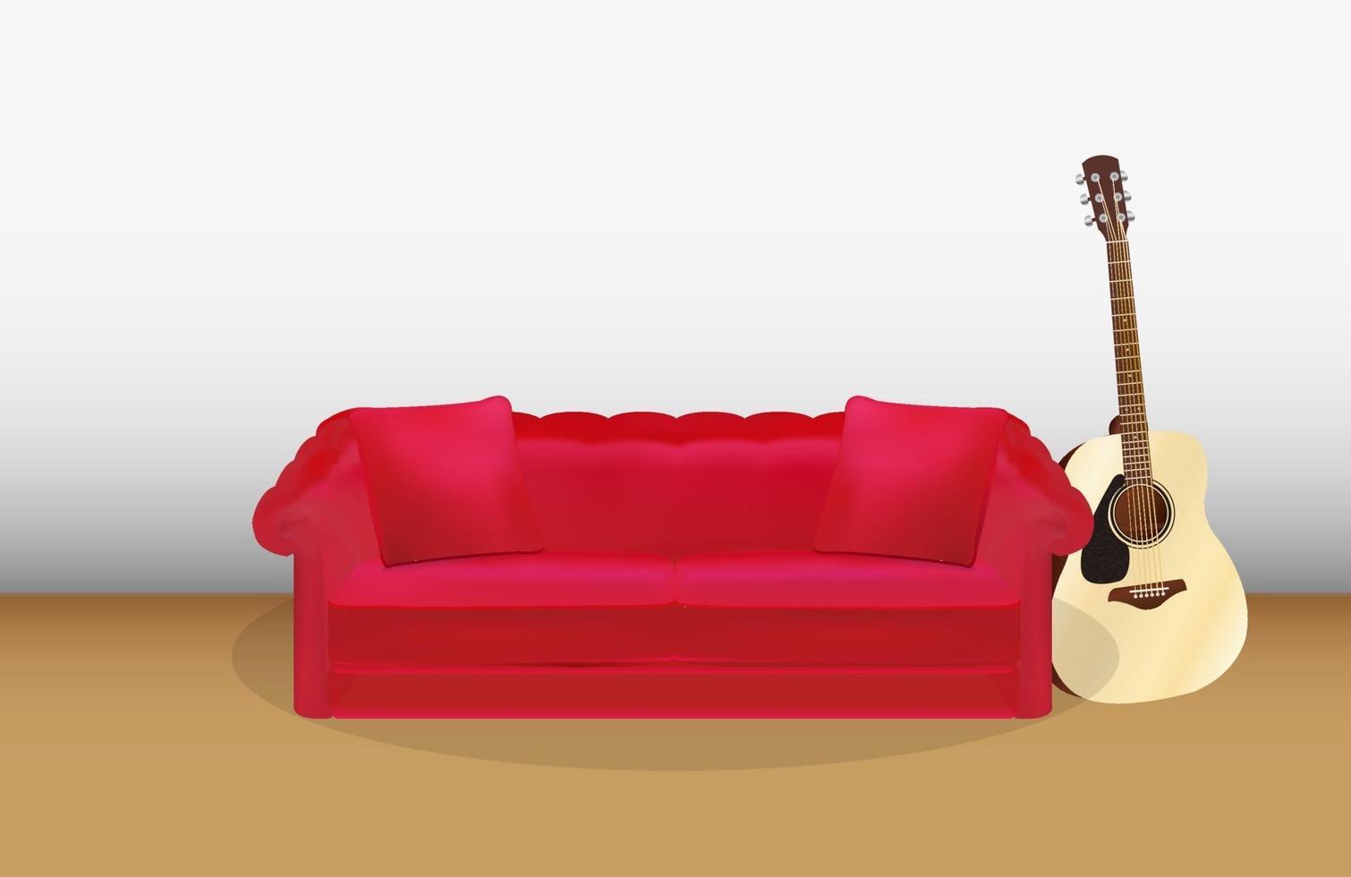 sofá rojo y guitarra acústica vector