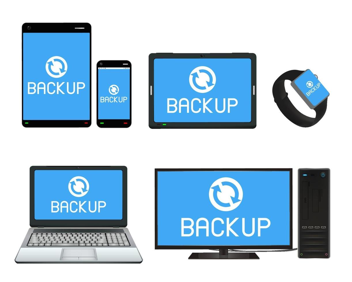 dispositivo inteligente y computadora haciendo copias de seguridad de los datos vector