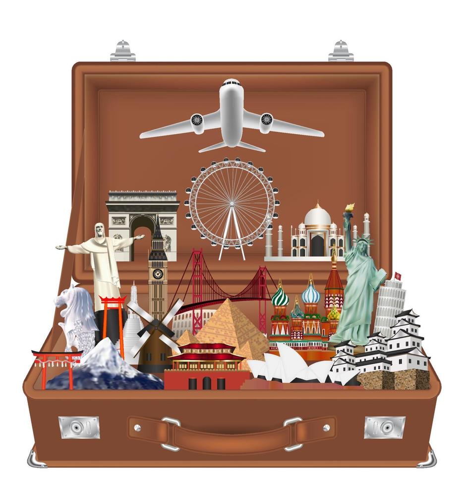 travel landmark in suitcase with airplane vector