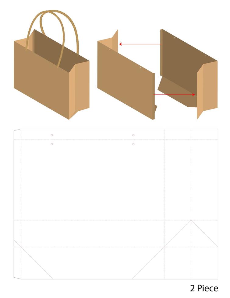 Diseño de plantilla troquelada de embalaje de bolsa de papel. Maqueta 3d vector