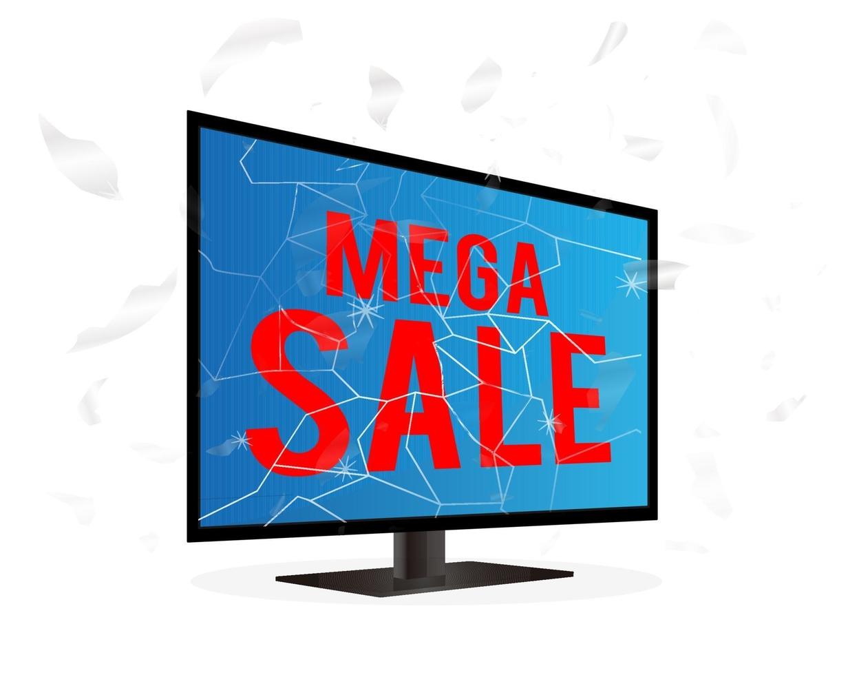 Televisión de pantalla rota con palabra mega venta vector