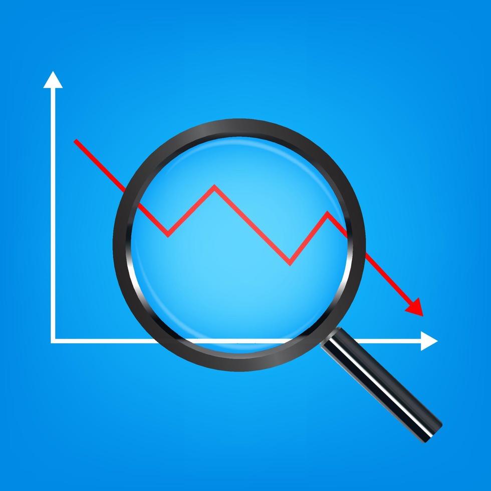 black magnifying glass analyzing a falling stock graph vector