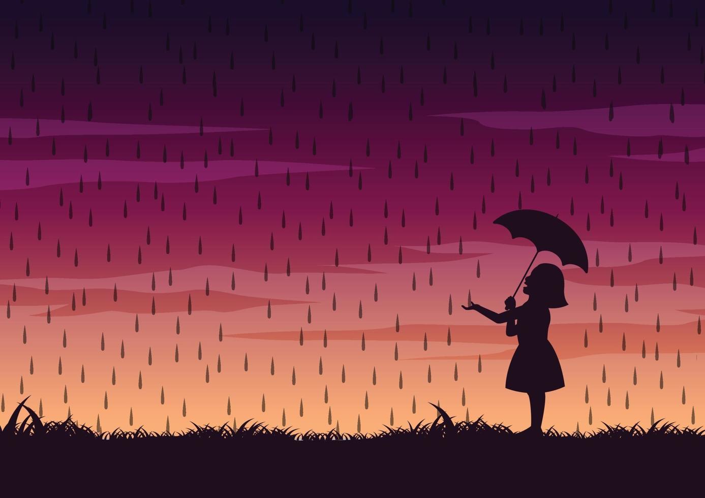 Diseño de silueta de niña y paraguas en medio de la lluvia. vector