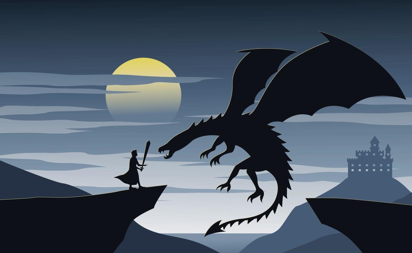 Silhouette of fiction with knight and dragon vector