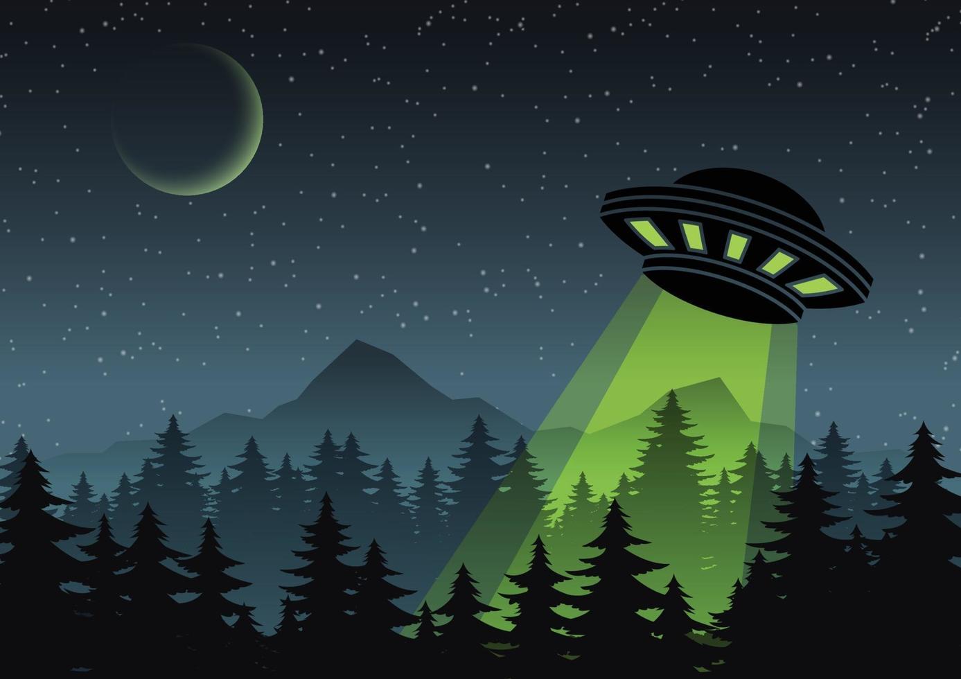 Cartoon version design of UFO over the forest vector