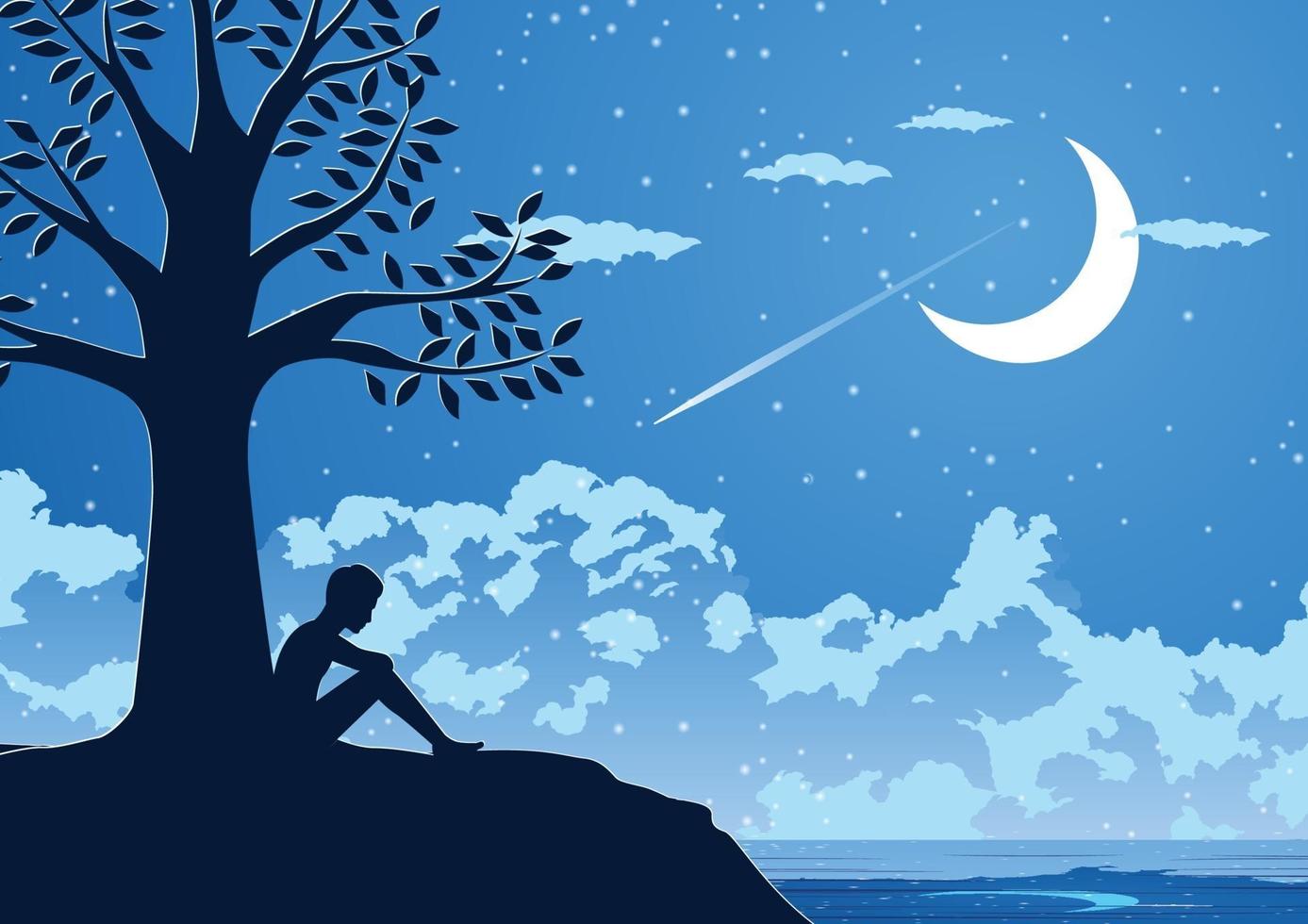 Silhouette design of lonely young man in silent night under a tree vector