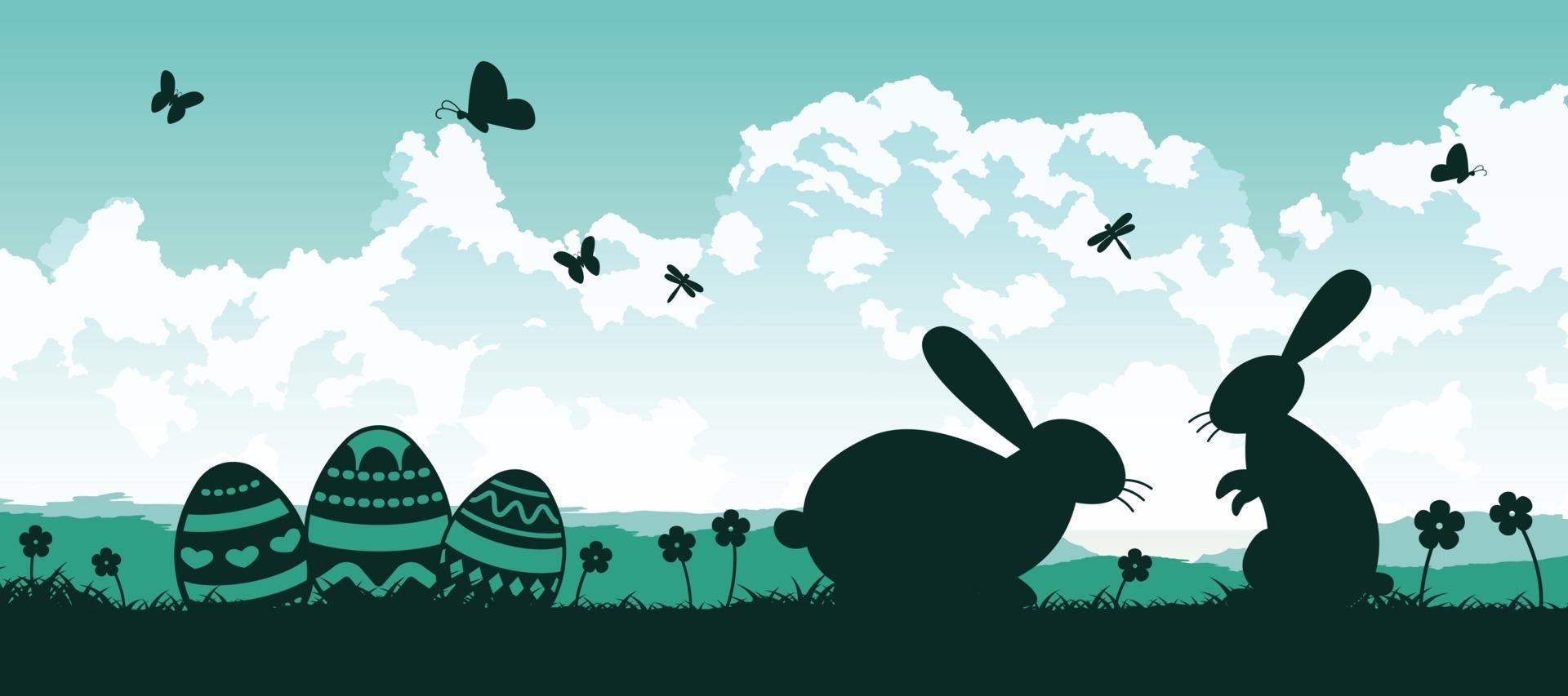 silhouette Easter scene with bunnies and eggs vector