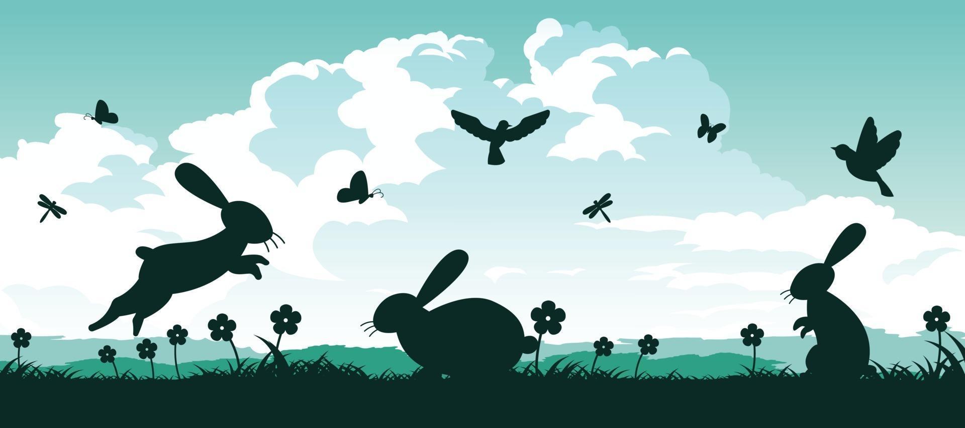 silhouette Easter scene with bunnies and eggs vector