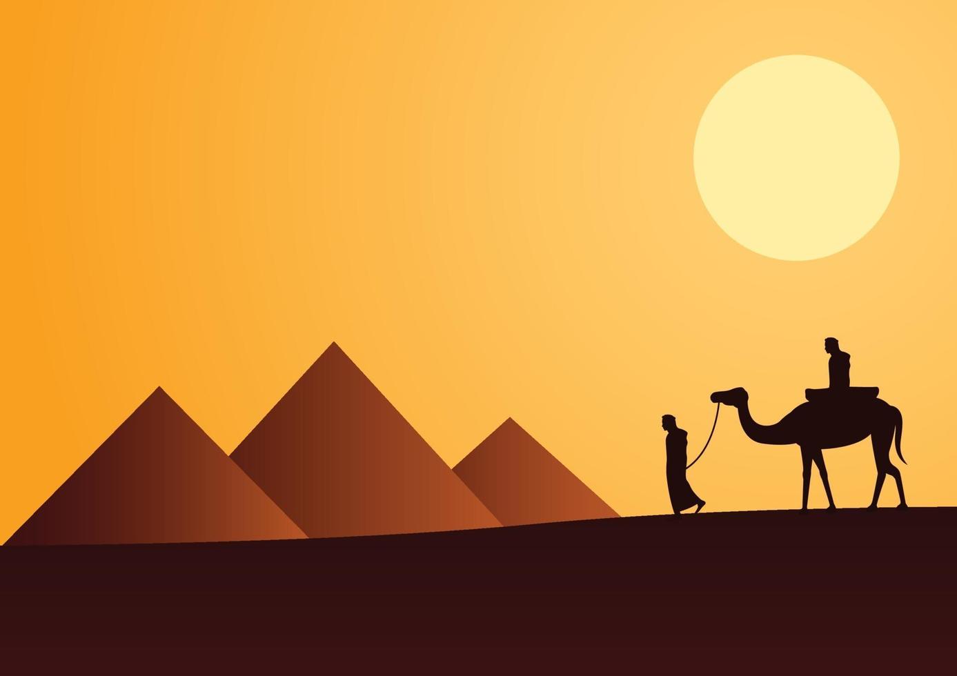 Silhouette design of men and camel walking across desert vector