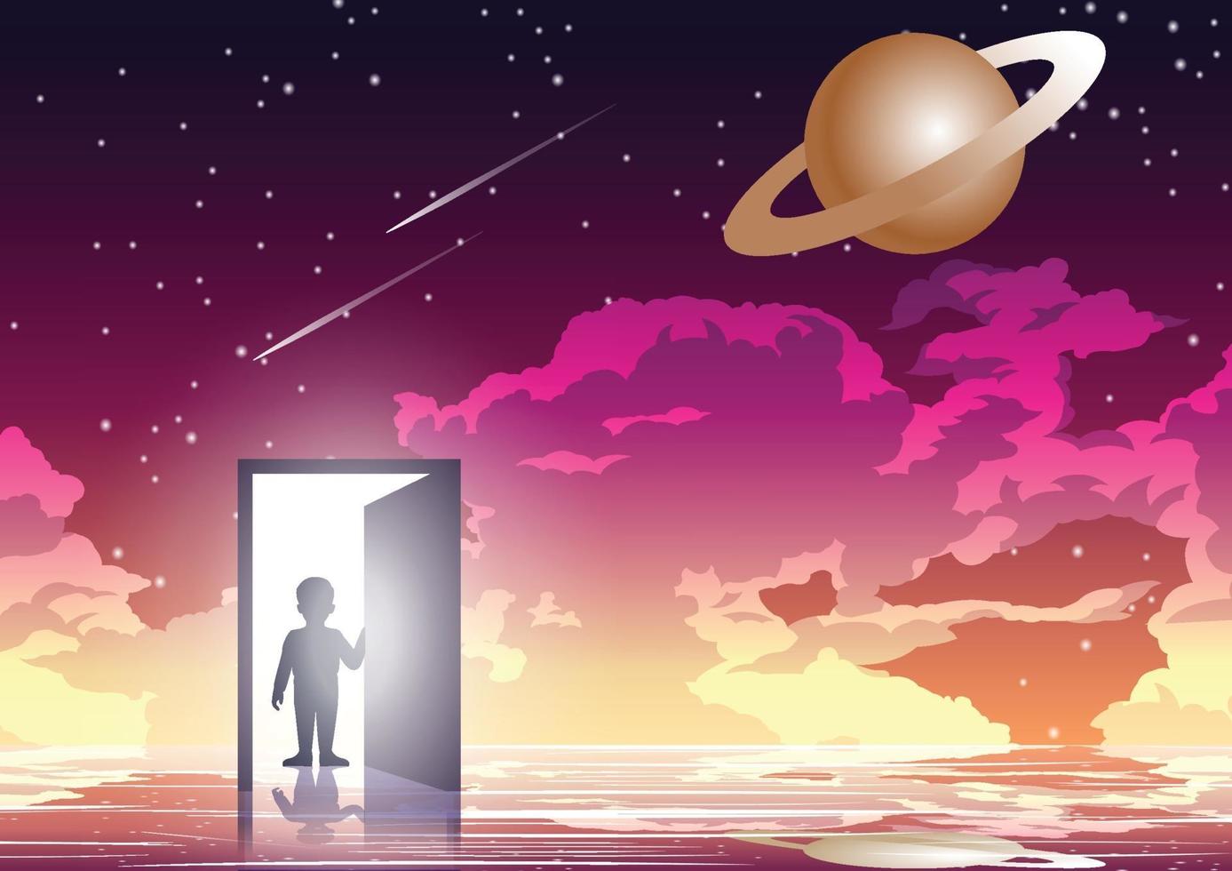 Silhouette of boy opening dimensional gate vector