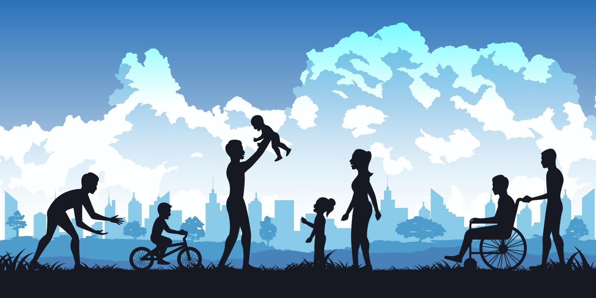 Silhouette of people in park, parents and kids playing vector