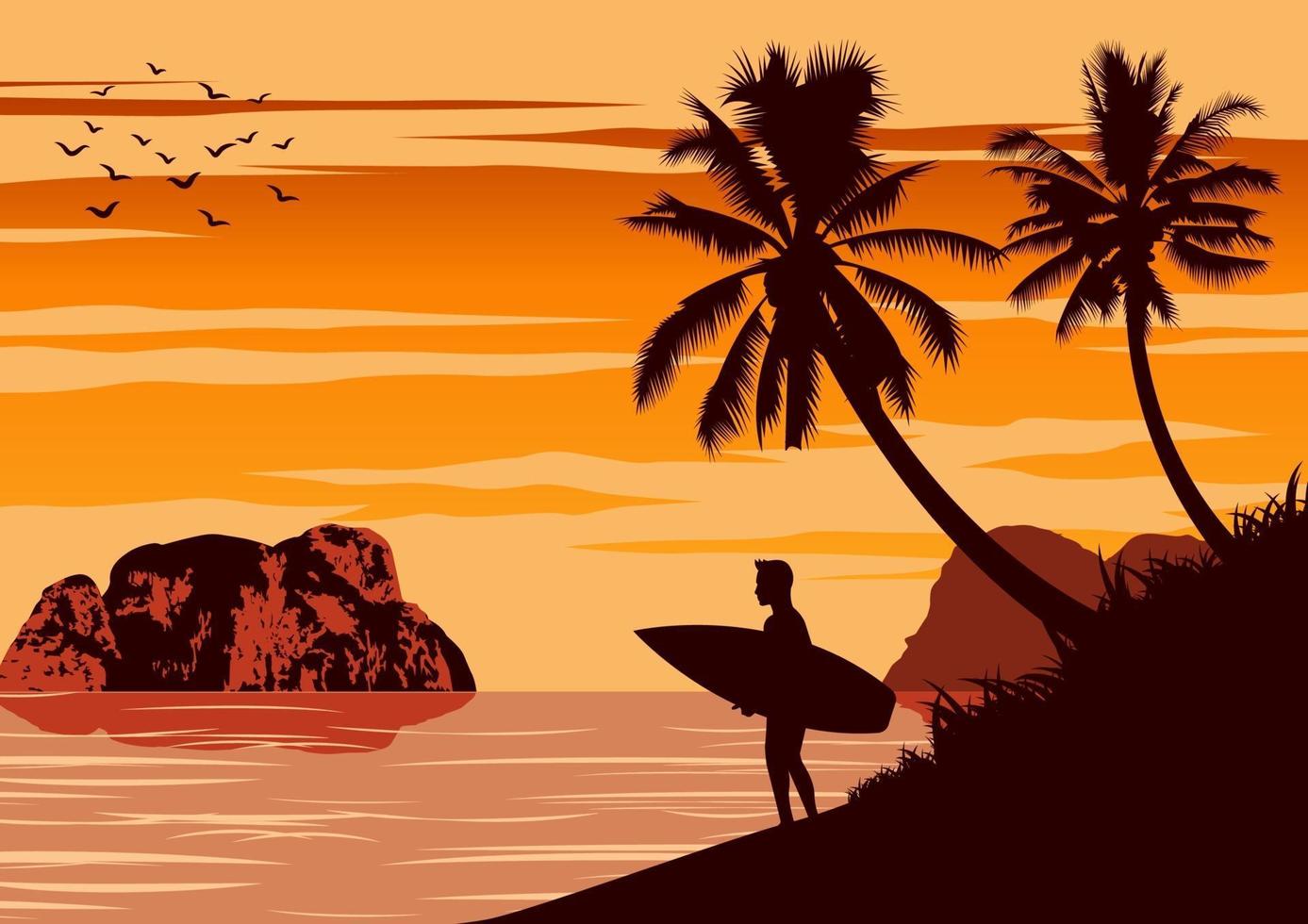 Silhoutte of man holding surfboard by the ocean vector