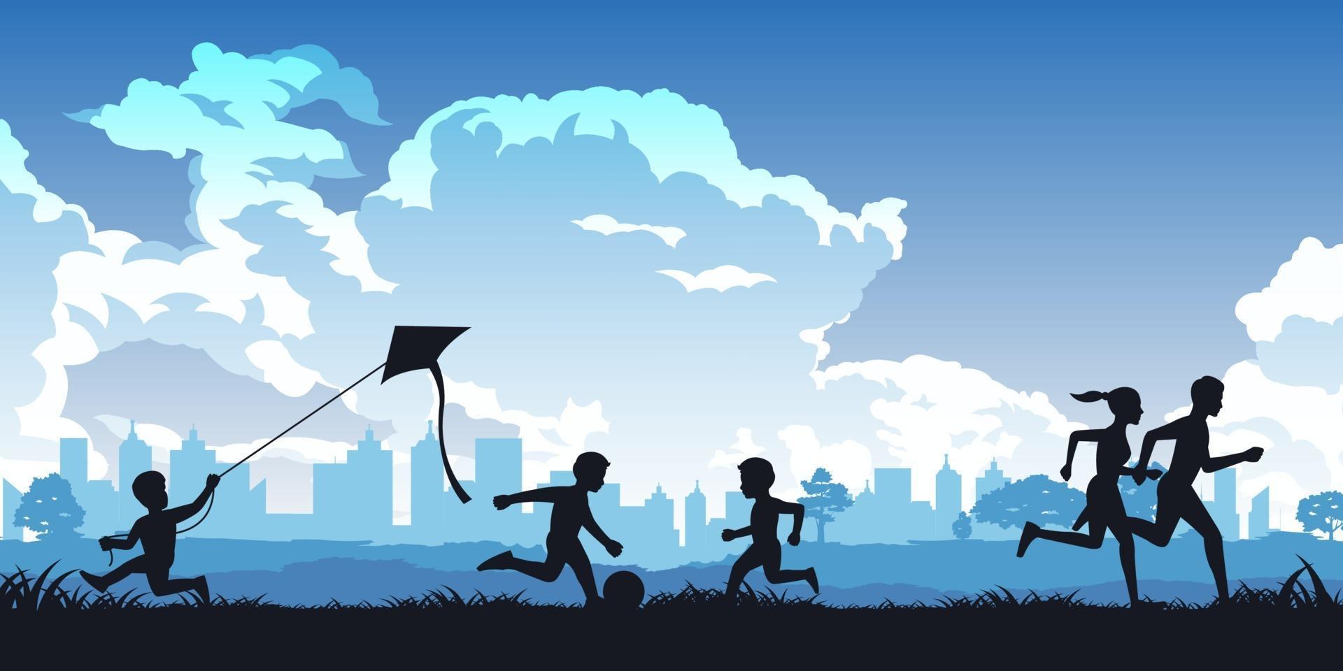 Silhouette of people running and playing in a park vector