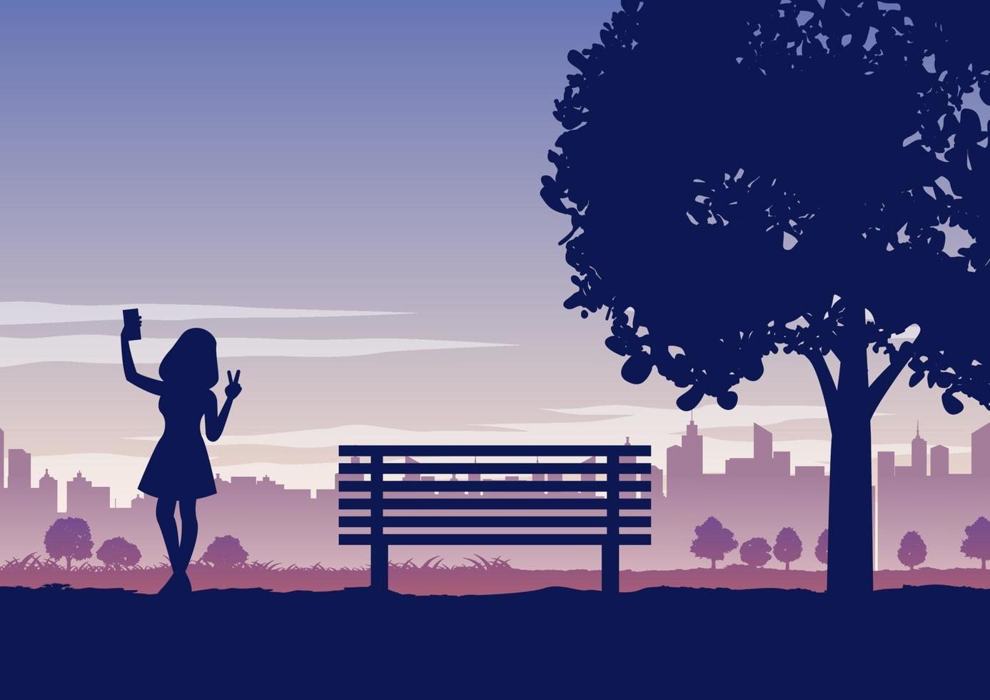 Silhouette of girl taking a selfie in a park vector