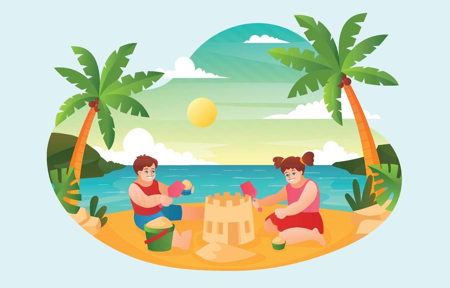 Children Building Sand Castle on Beach vector