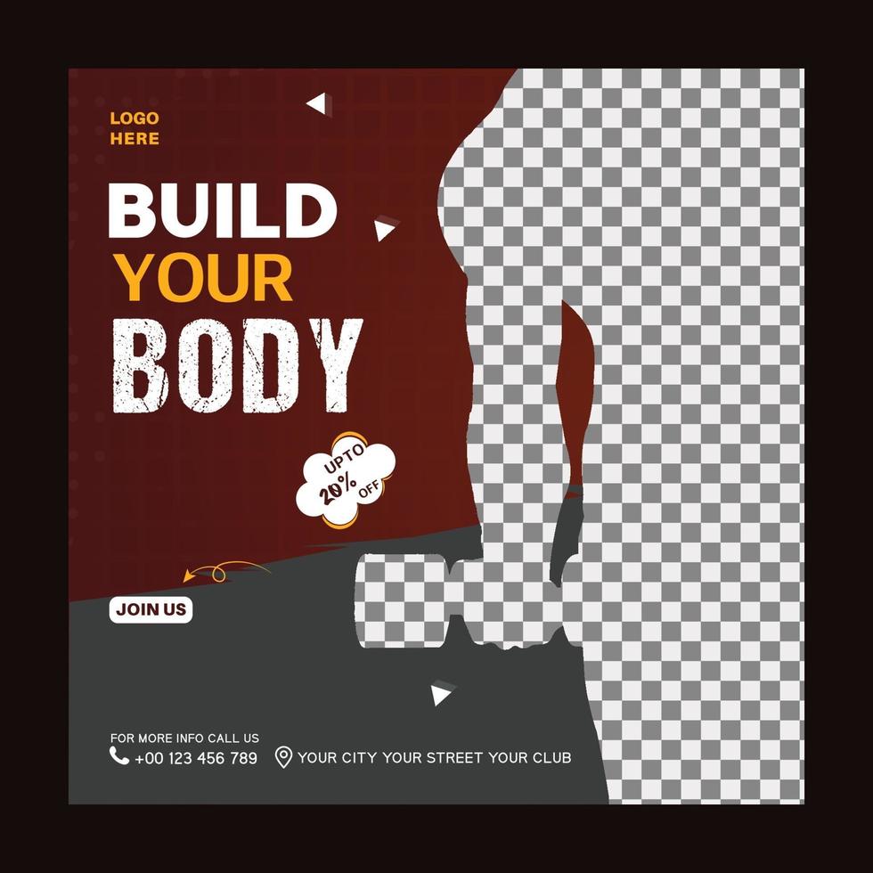 Build your body fitness club social media post template vector